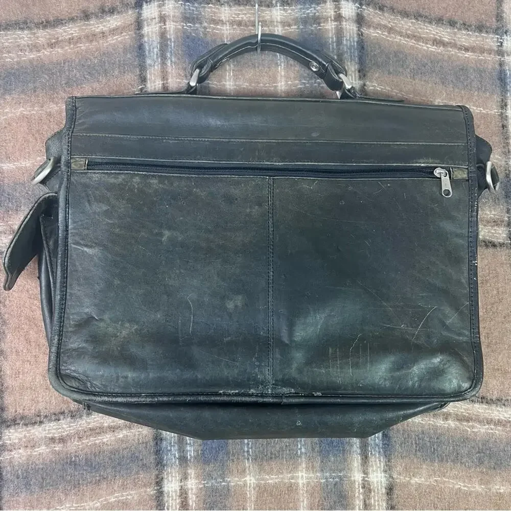 Vintage Genuine Leather Briefcase Black Multi-Pockets Distressed